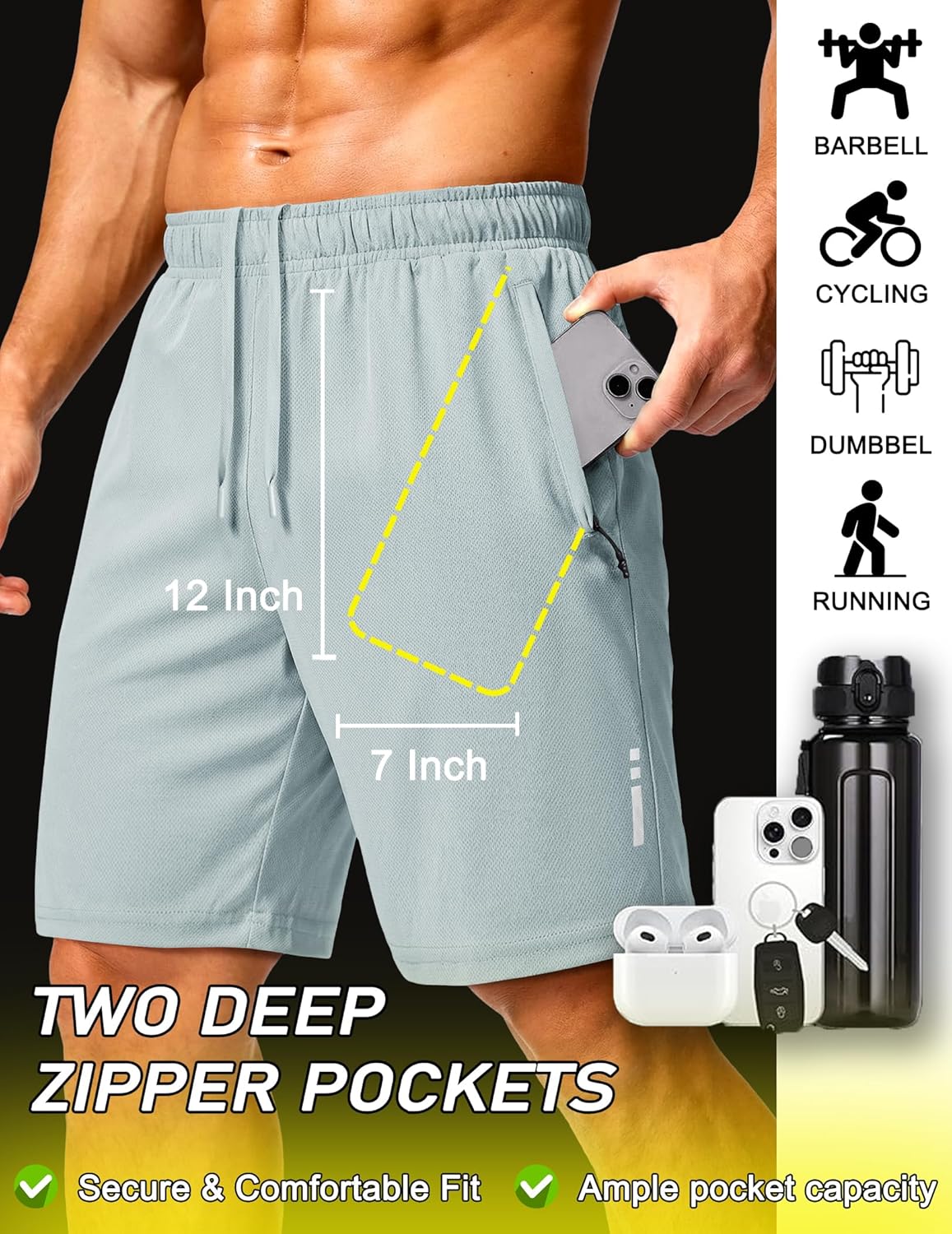 COOFANDY Mens Athletic Running Shorts 9" Lightweight Quick Dry Drawstring Mesh Gym Shorts with Zipper Pockets - Image 6