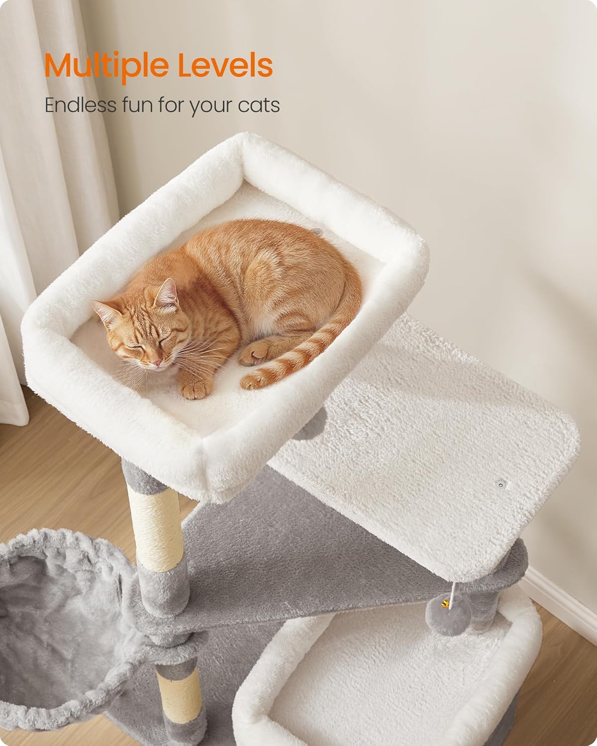 Feandrea Cat Tree, 60-Inch Cat Tower, Multiple-Level Plush Condo with 2 Caves, 3 Scratching Posts, 3 Perches, Dove Gray UPCT007G01 - Image 4