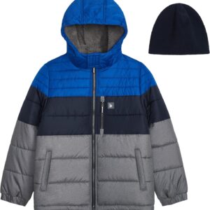 LONDON FOG Boys’ Heavyweight Hooded Puffer Jacket With Sherpa-lined Hood & Fleece Beanie