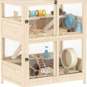 PawHut Wooden Hamster Cage, 4 Tier Small Animal Cage with Mesh Flip Roof, Pull-Out Tray, Huts, Seesaws, Ramps and Water Bottles, Hamster Habitat for Dwarf Syrian Mice Gerbil, 33″ x 21″ x 36″