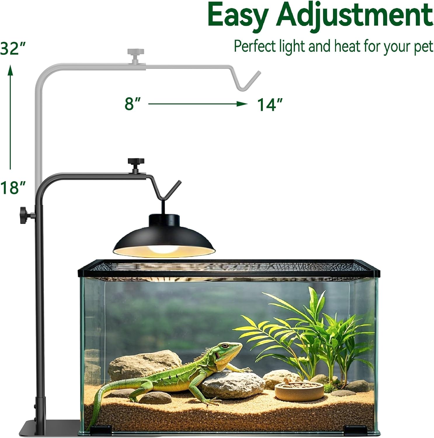 Reptile Heat Lamp Stand Adjustable 18"-32": Light Holder Fixture with Heavy Base for Bearded Dragon, Turtle, Snake, Lizard – Terrarium Heating Dome Lamps for Tank or Aquarium Use - Image 2