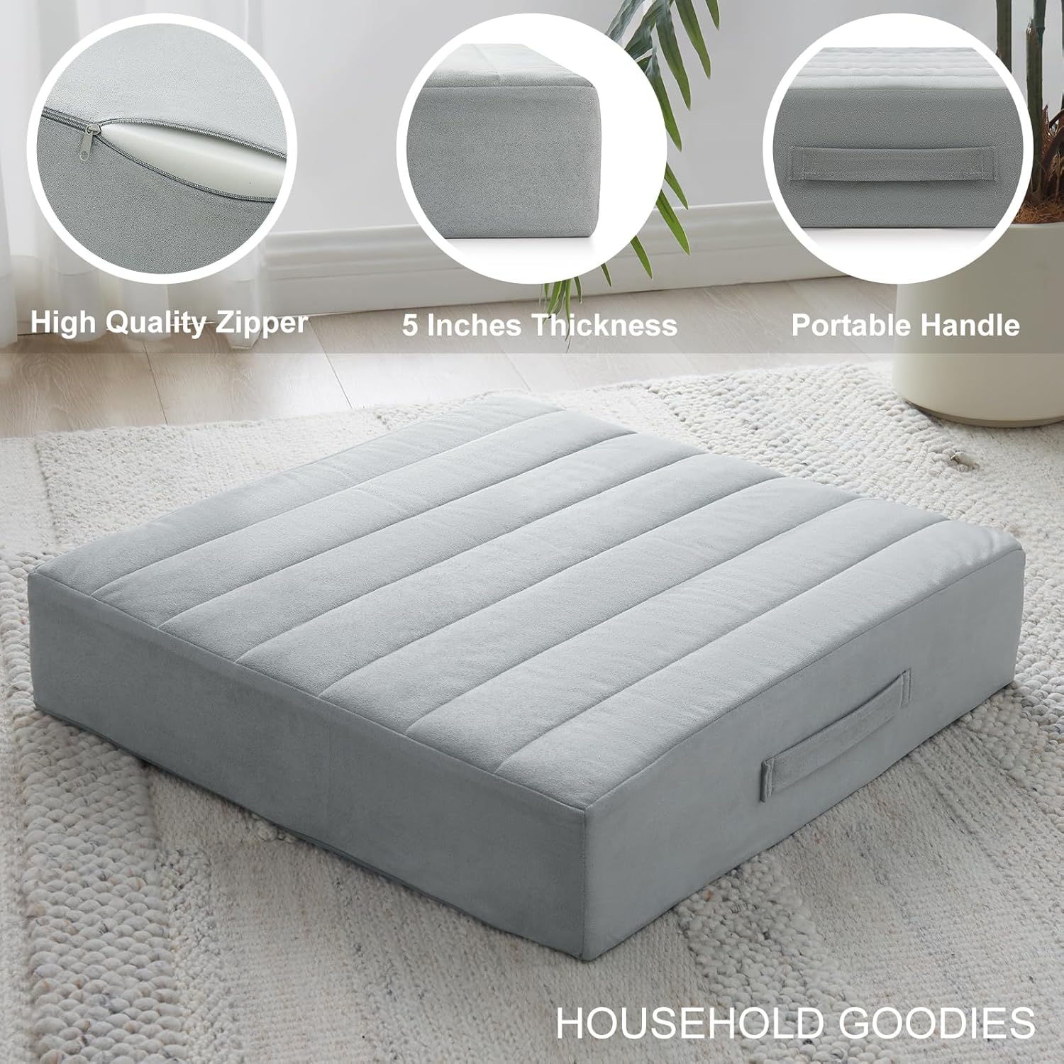 JKMAX 22 inches Floor Pillow for Adults - Large Meditation Cushion with Thick Foam & Soft Tufted Cover - Premium Outdoor Square Floor Cushion Seat - Yoga Pillows for Sitting On Floor - Light Gray - Image 2