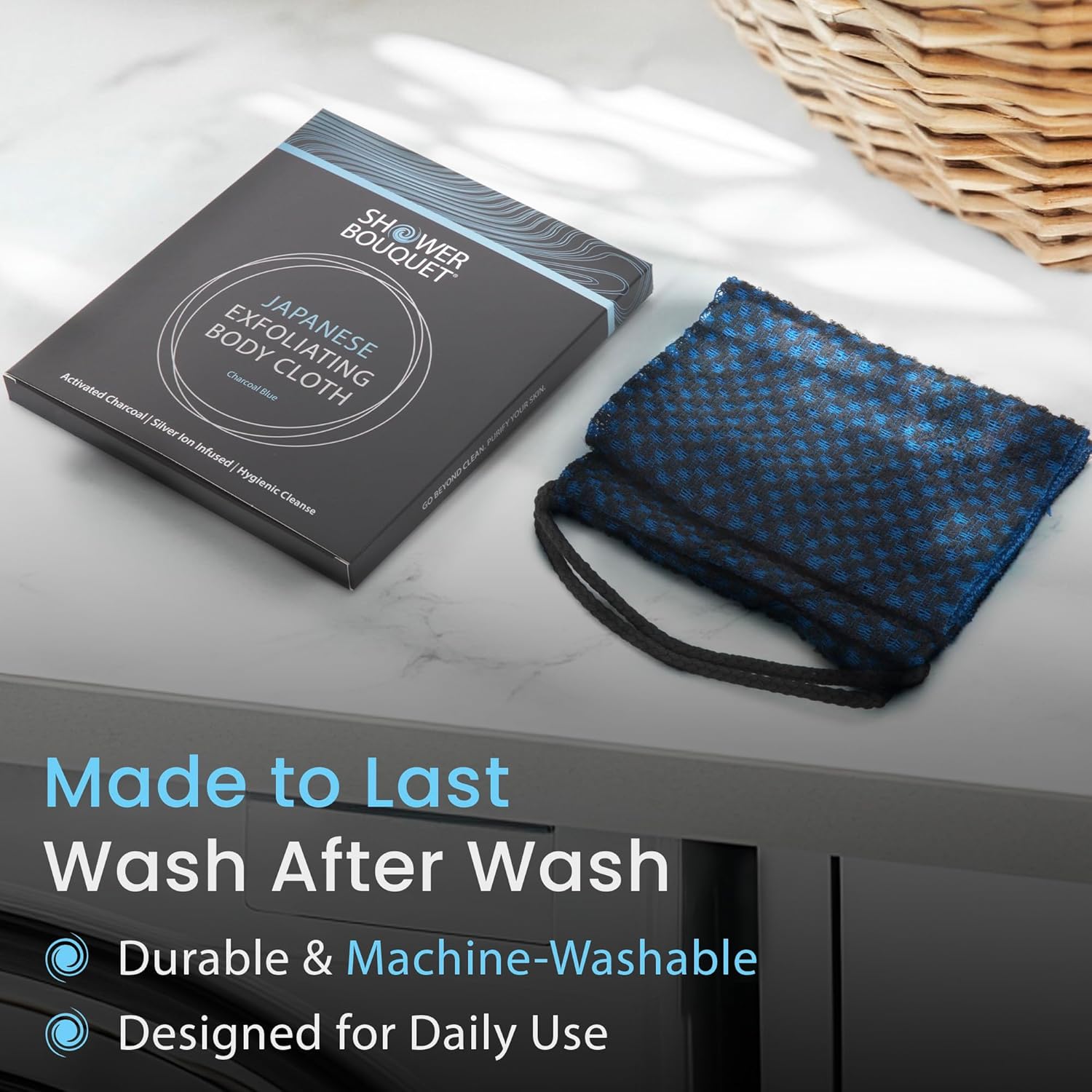 Japanese Exfoliating Washcloth for Back & Body - Charcoal & Silver Ion Exfoliating Towel with Handles - Two-Sided Gentle Exfoliation & Deep Cleansing Soft Body Wash Cloths for Shower - Blue - Image 6