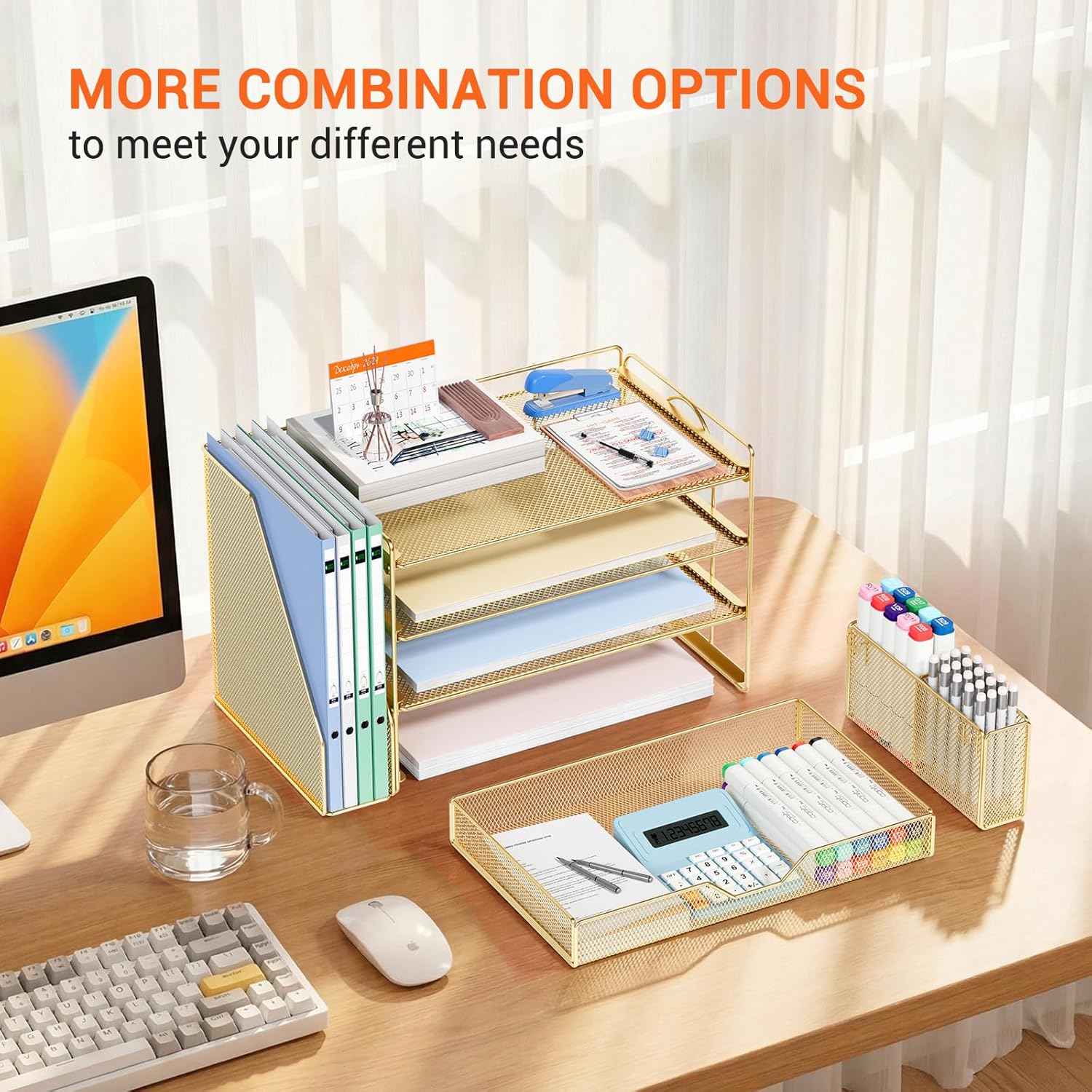 OPNICE Desk Organizers and Accessories, 4-Tier Office Desk Accessories & Workspace Organizers with Drawer and Pen Holder, Desktop Paper Tray File Organizer for Home Office Supplies, Gold - Image 6