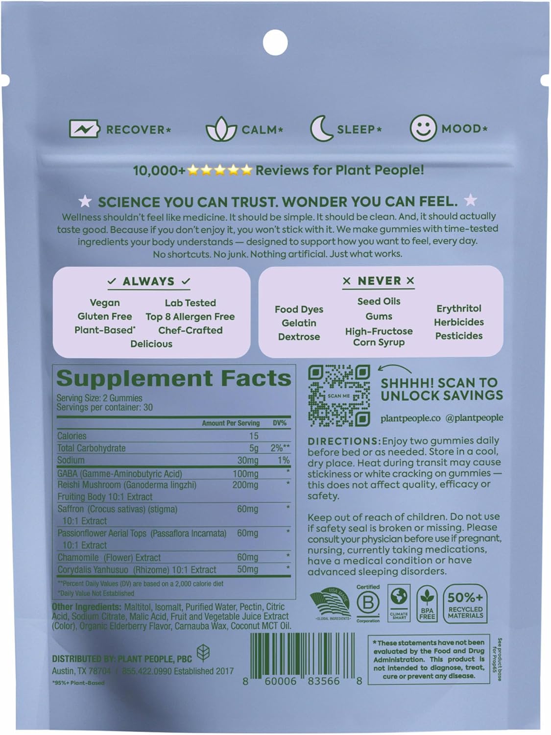 Plant People WonderSleep Mushroom Gummies Supplement for Sleep, No Melatonin with Reishi Super Mushrooms, Wild Elderberry Flavor, Sugar-Free (60 Count) - Image 10