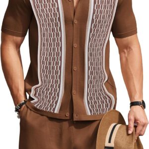 COOFANDY Men’s 2 Piece Outfit Vintage Short Sleeve Button Down Knit Polo Shirts Casual Beach Shorts Sets