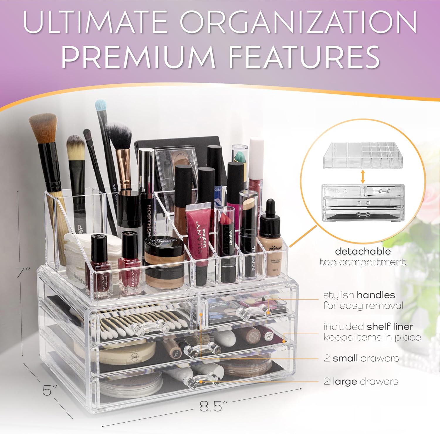 Brookstone Makeup Organizer Case - Countertop Storage With Drawers, Acrylic Cosmetic Display Box, Vanity Organizer and Makeup Holder For Accessories - Image 4