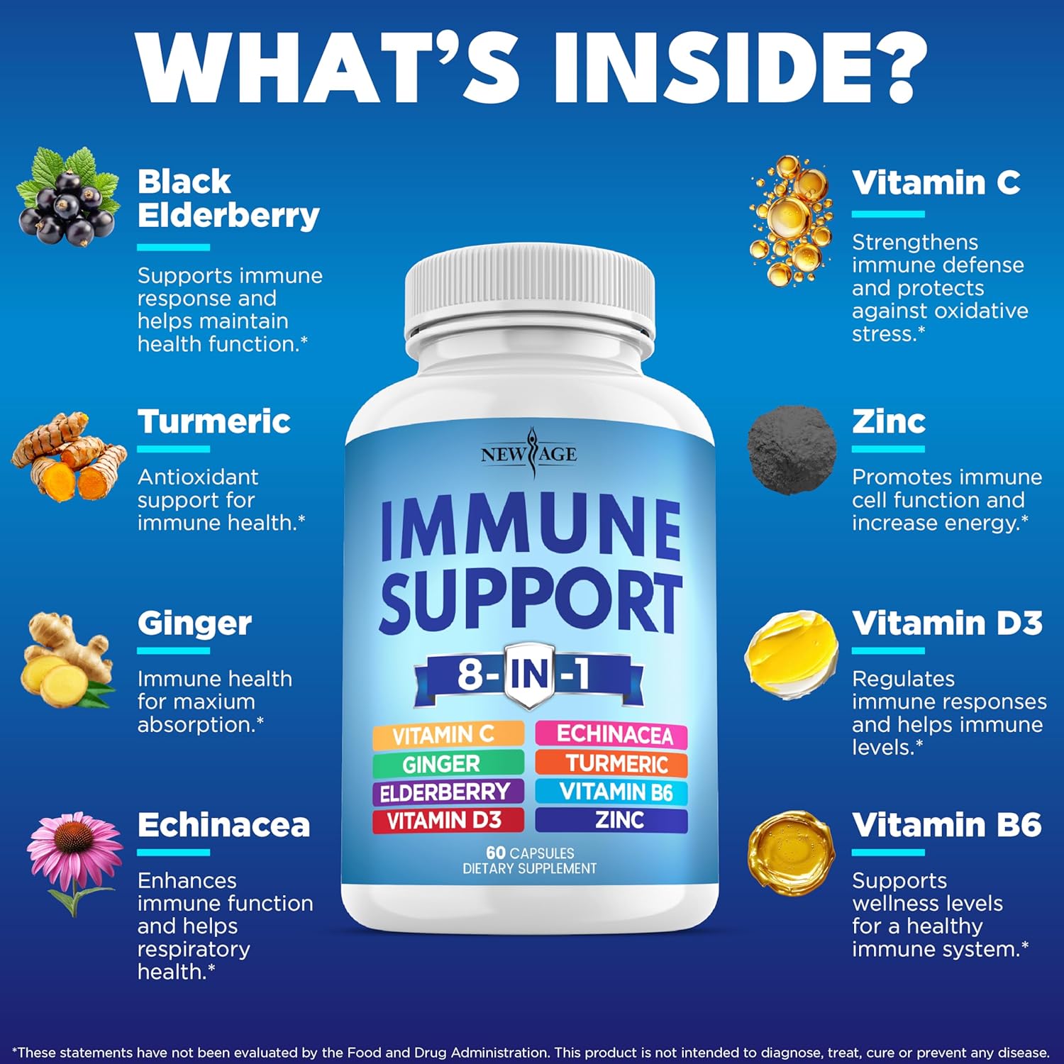 NEW AGE 8 in 1 Immune Support Booster Supplement with Echinacea, Vitamin C and Zinc 50mg, Vitamin D 5000 IU, Turmeric Curcumin & Ginger, B6, Elderberry 60 Count (Pack of 1) - Image 2