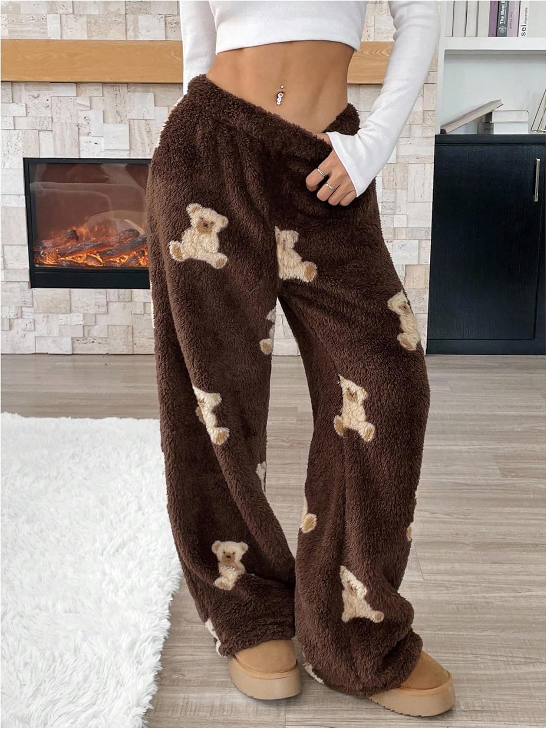 Verdusa Girl's Comfy Pants Fall Winter Clothes Cartoon Bear Fuzzy Baggy Pants Wide Leg Fleece Trousers - Image 5