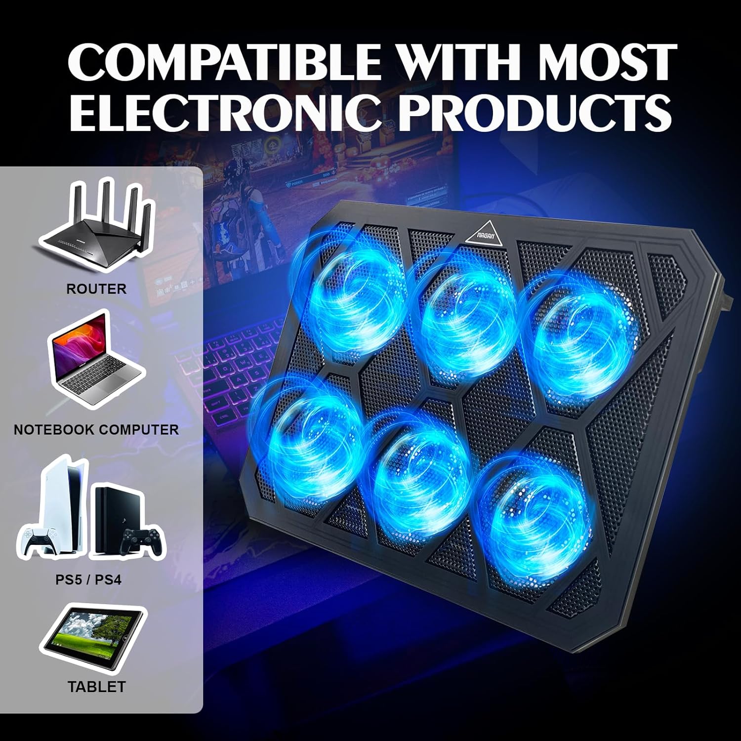 NAGAN Laptop Cooling Pad with 6 Fans, Ergonomic USB Powered Cooling Pad for Laptop with Dual USB 2.0 Ports, Height-Adjustable, Metal Mesh Gaming Notebook Cooler, Fits 15-17.3 inch Laptops - Image 4