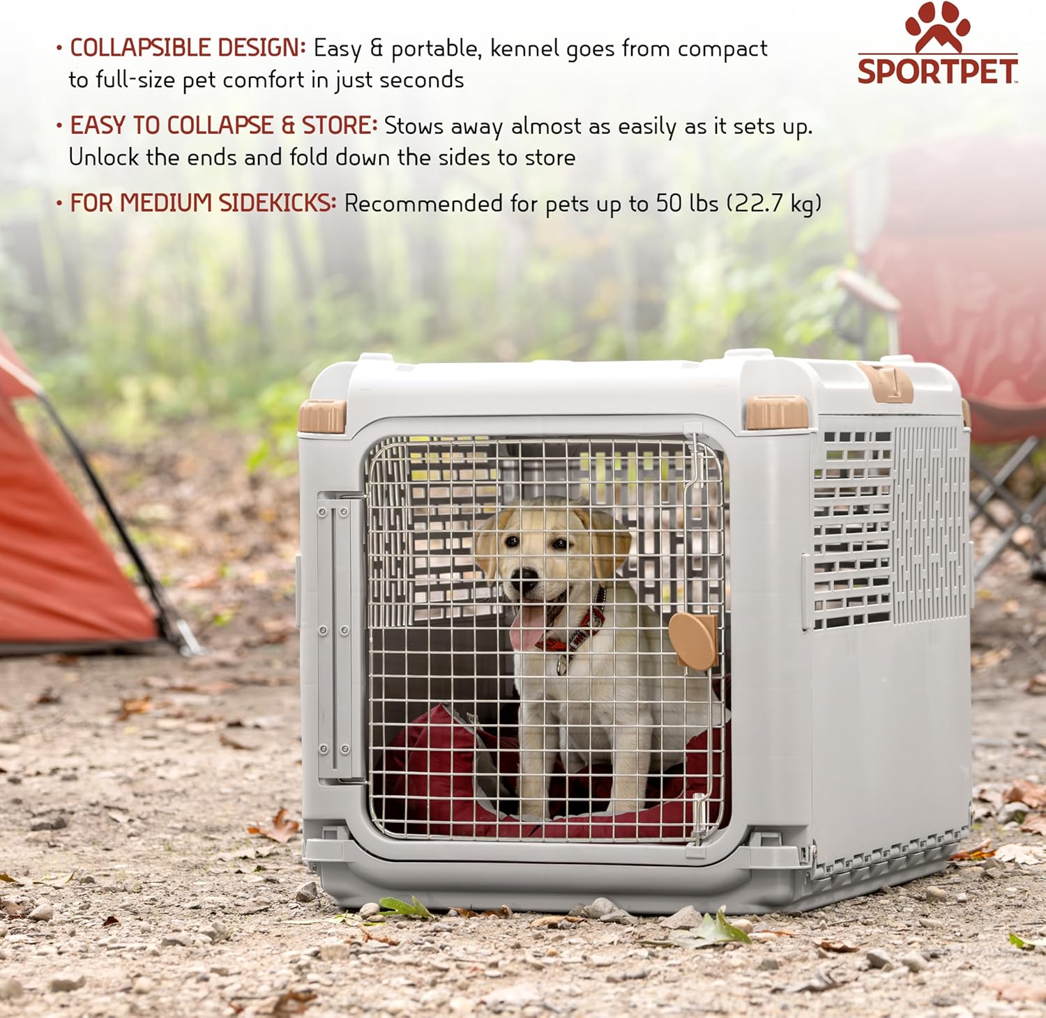 SportPet Designs Collapsible Medium Pet Travel Carrier (Tan), Hard-Sided Kennel for Medium Dogs, Puppies, Cats, Kittens, Animals up to 50lbs, Washable Home & Outdoor Pet Crate, 30.6"L x 22"W x 23.25"H - Image 2