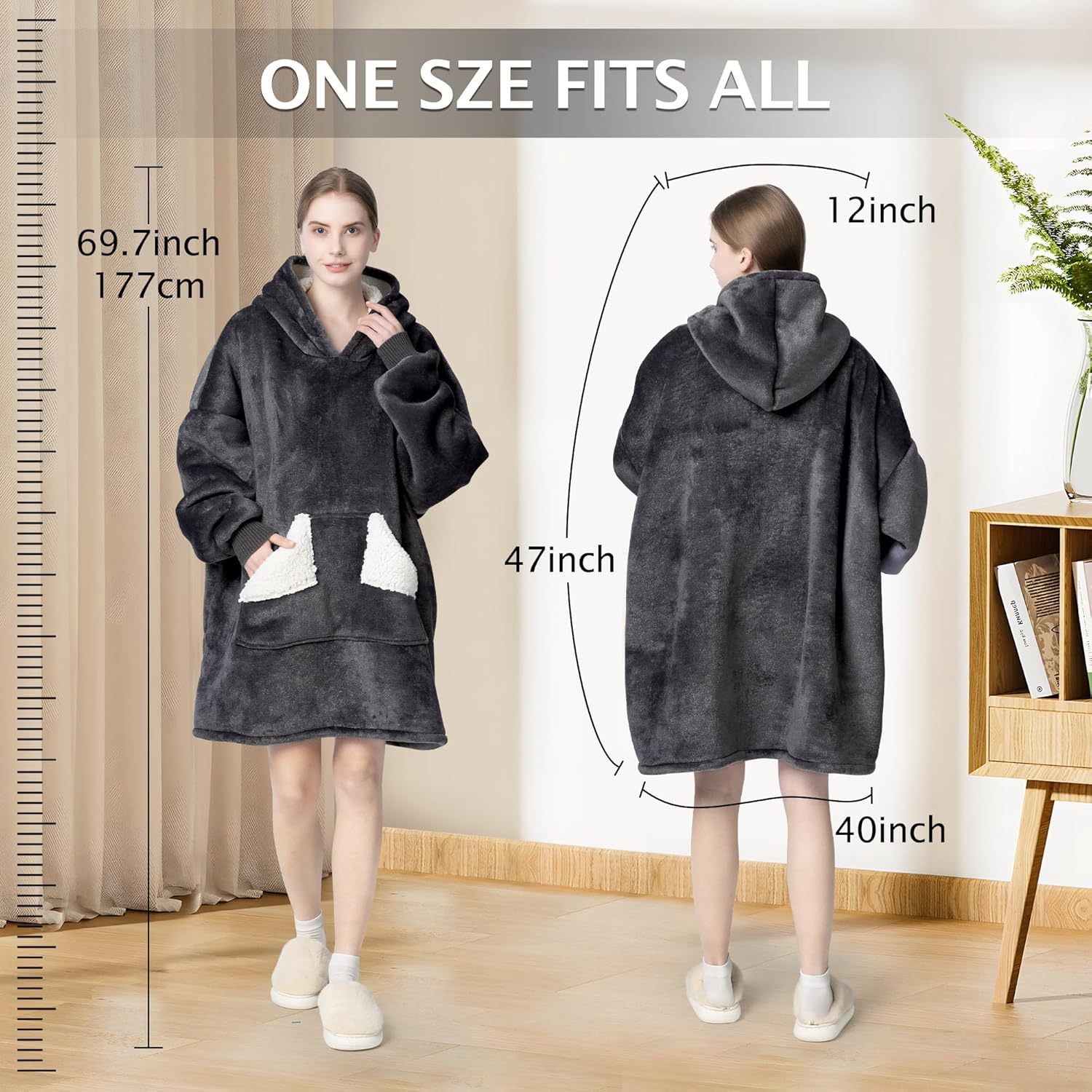 Touchat Wearable Blanket Hoodie, Oversized Sherpa Fleece Sweatshirt Blanket with Giant Hood Pocket and Sleeves for Adult, Warm & Cozy Grey Blanket Gifts for Women - Image 5