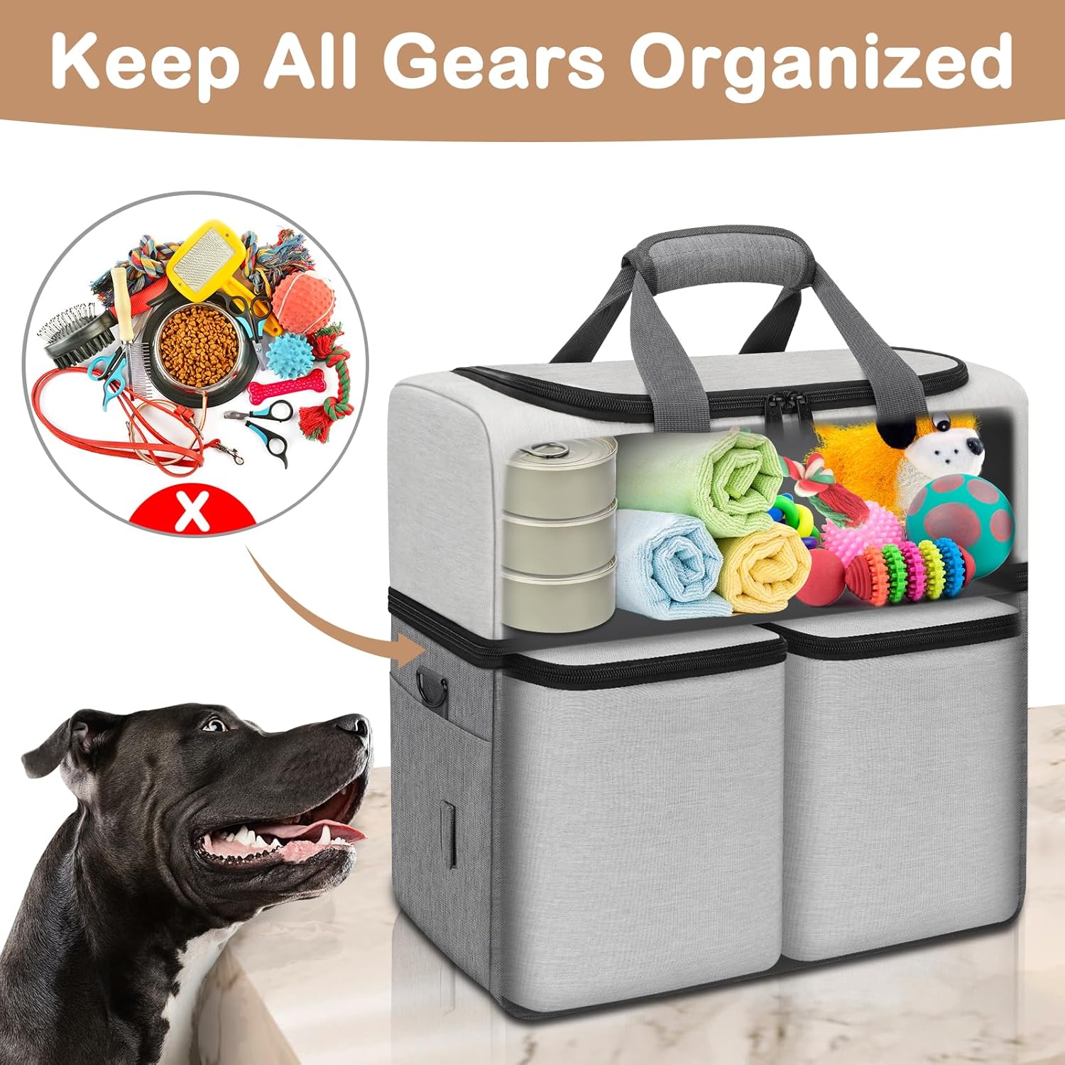 Mancro Dual Layers Dog Travel Bag, Pet Travel Bags with 2 Extra Large Food Containers, 2 Collapsible Dog Bowls, Multi-Pockets Tote Organizer for Pet Supplies, Road Trip Essentials, Weekend Camping - Image 4