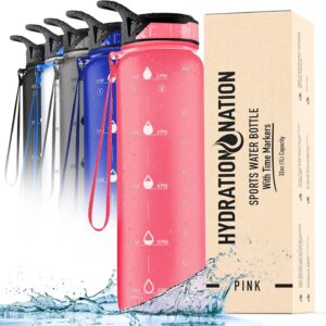 Hydration Nation (32oz Water Bottle With Time Marker – Leak Proof Water Bottles With Times To Drink For Fitness & Sports – 32oz Water Bottle With Straw For Drinking – Water Tracker Bottles (Pink)
