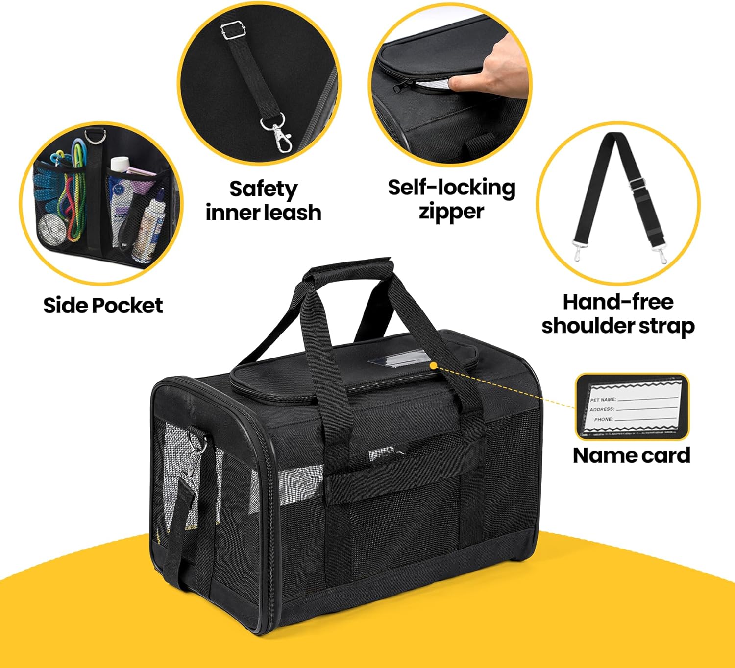 Conlun Cat Carrier Airline Approved, Soft-Sided Dog Carrier with Inner Safety Leash, Pet Transport Carrier for Small-Medium Cats Puppies up to 15 Lbs, Collapsible Travel Kitten Carrier Bag -BlackM - Image 9