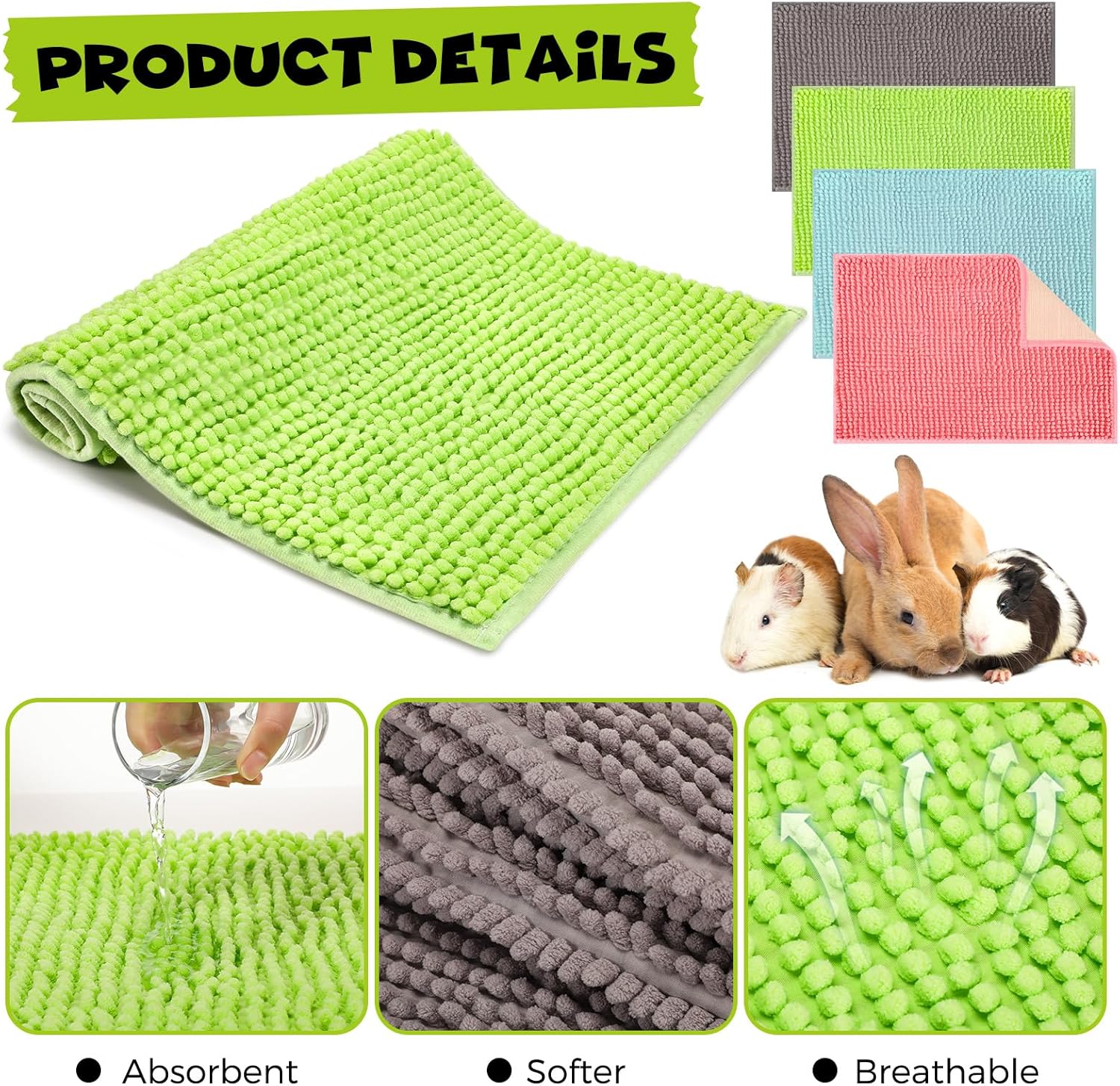 Barydat 8 Pcs Guinea Pig Cage Liner for Guinea Pig Cage Bedding Reusable Rabbit Mat Pad Washable Training Pad Animal Sleeping Bedding Mat(16x12'',Gray, Green, Pink, Blue) - Image 3