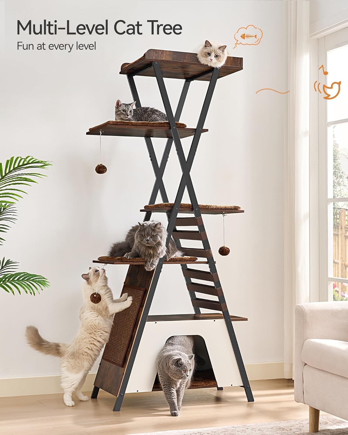 FourFurPets 72.4" Modern Cat Tower for Indoor Cats - Multi-Level Condo With Caves, Tall Tree With Scratching Board, Wooden Tower With Large Perch, Removable Pads, Rustic Brown - Image 2