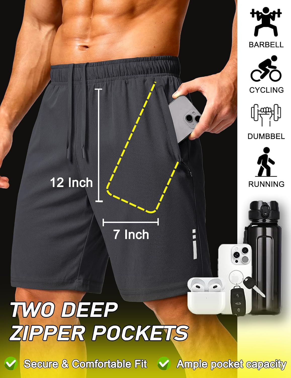 COOFANDY Mens Athletic Running Shorts 9" Lightweight Quick Dry Drawstring Mesh Gym Shorts with Zipper Pockets - Image 6