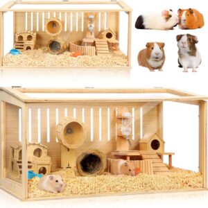 Leinuosen 14 in 1 Wooden Hamster Cage 32 Inch Guinea Pig Cages with House Water Bottle Wheel More Guinea Pig Cage Accessories Large Hamster Cages and Habitats Acrylic Openable Top for Small Animal