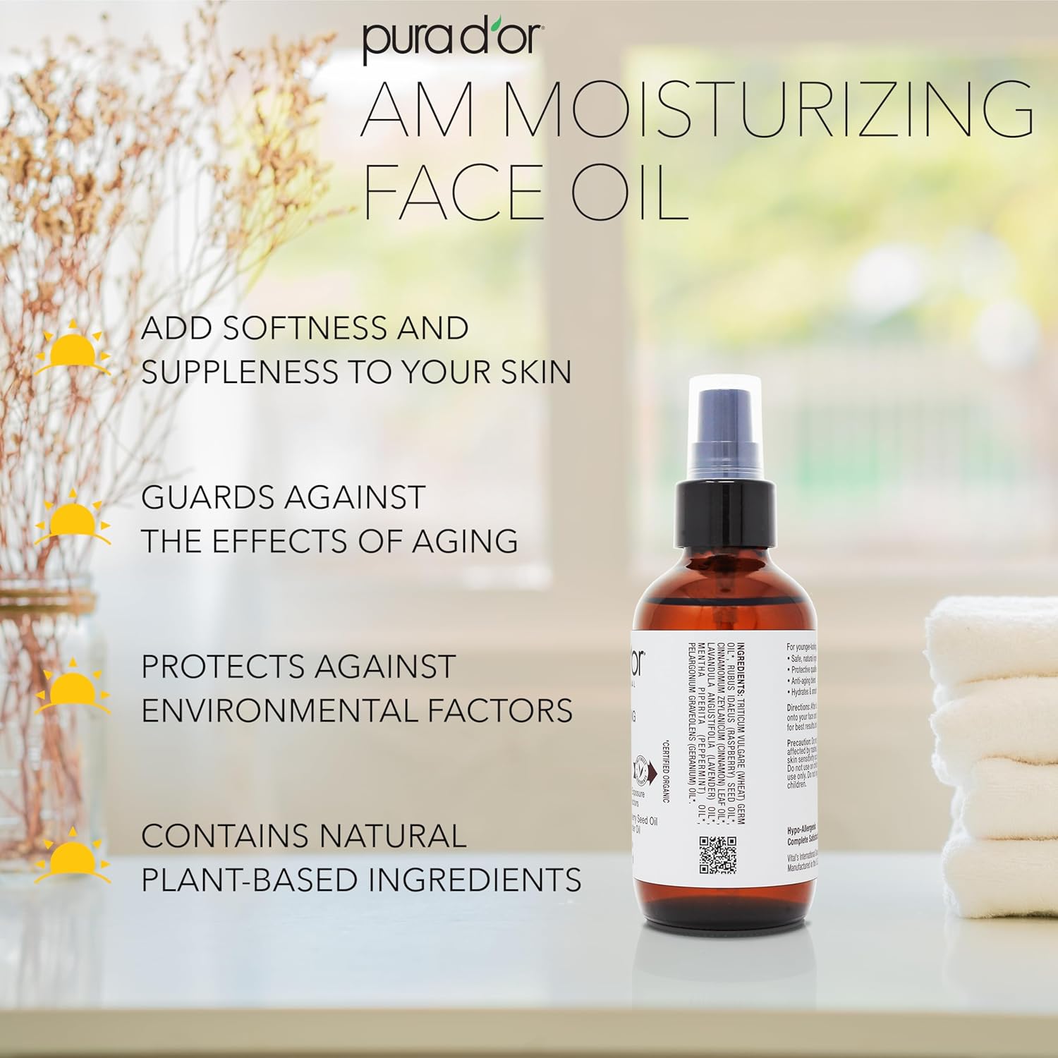 PURA D'OR 3.3 Oz ORGANIC AM Moisturizing Face Oil - Morning Glow Hydrating Skincare -Lightweight Moisturizer for Glowing Skin - All Natural, Vegan, Paraben-Free - Women & Men - Image 3