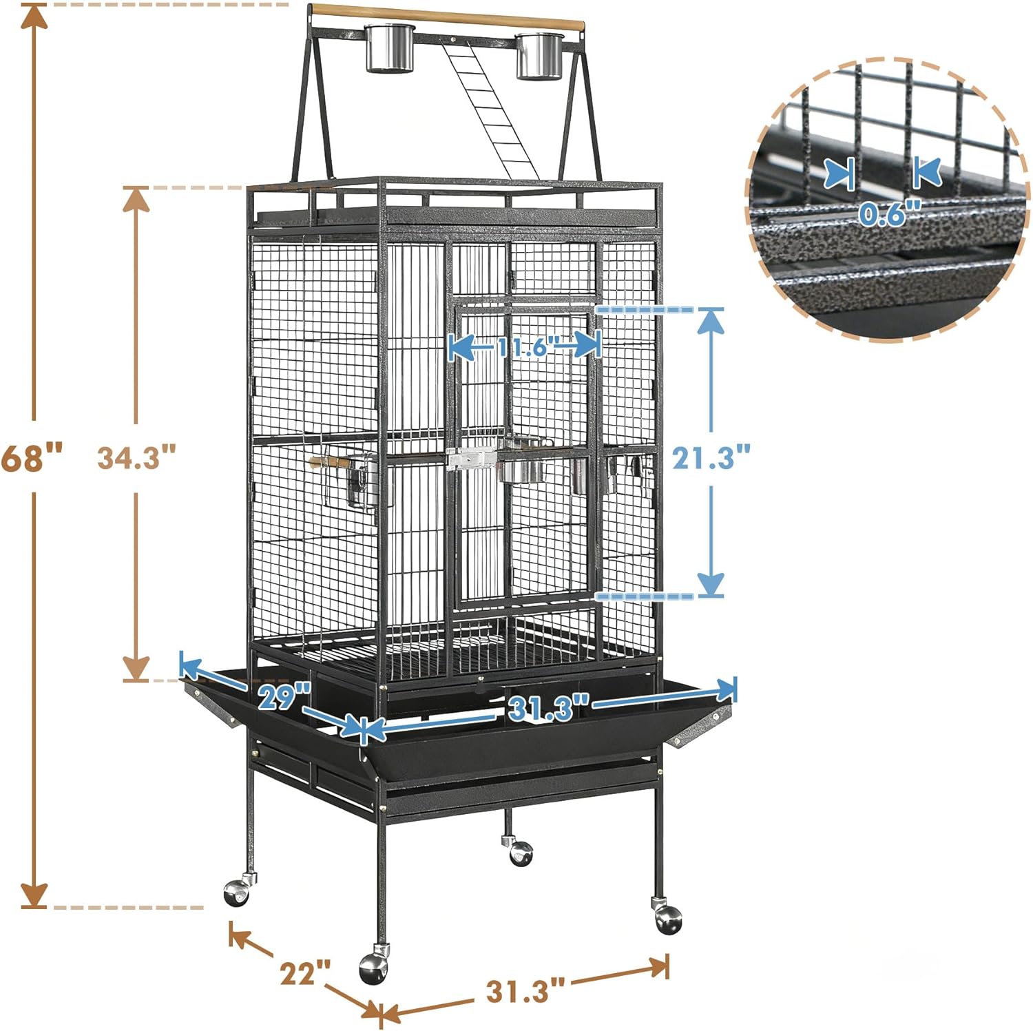 SUPER DEAL 68-inch Large Bird Cage with Rolling Stand African Grey Parrot Chinchilla Finch Cage Conure Cockatiel Cockatoo Pet House Wrought Iron Birdcage, Black - Image 5