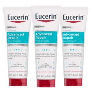 Eucerin Advanced Repair Foot Cream for Dry Feet and Heels, Repairs Very Dry, Rough Skin, Fragrance Free, Non Greasy, Fast Absorbing, Travel Size Lotion, 3 Oz Tube, Pack of 3