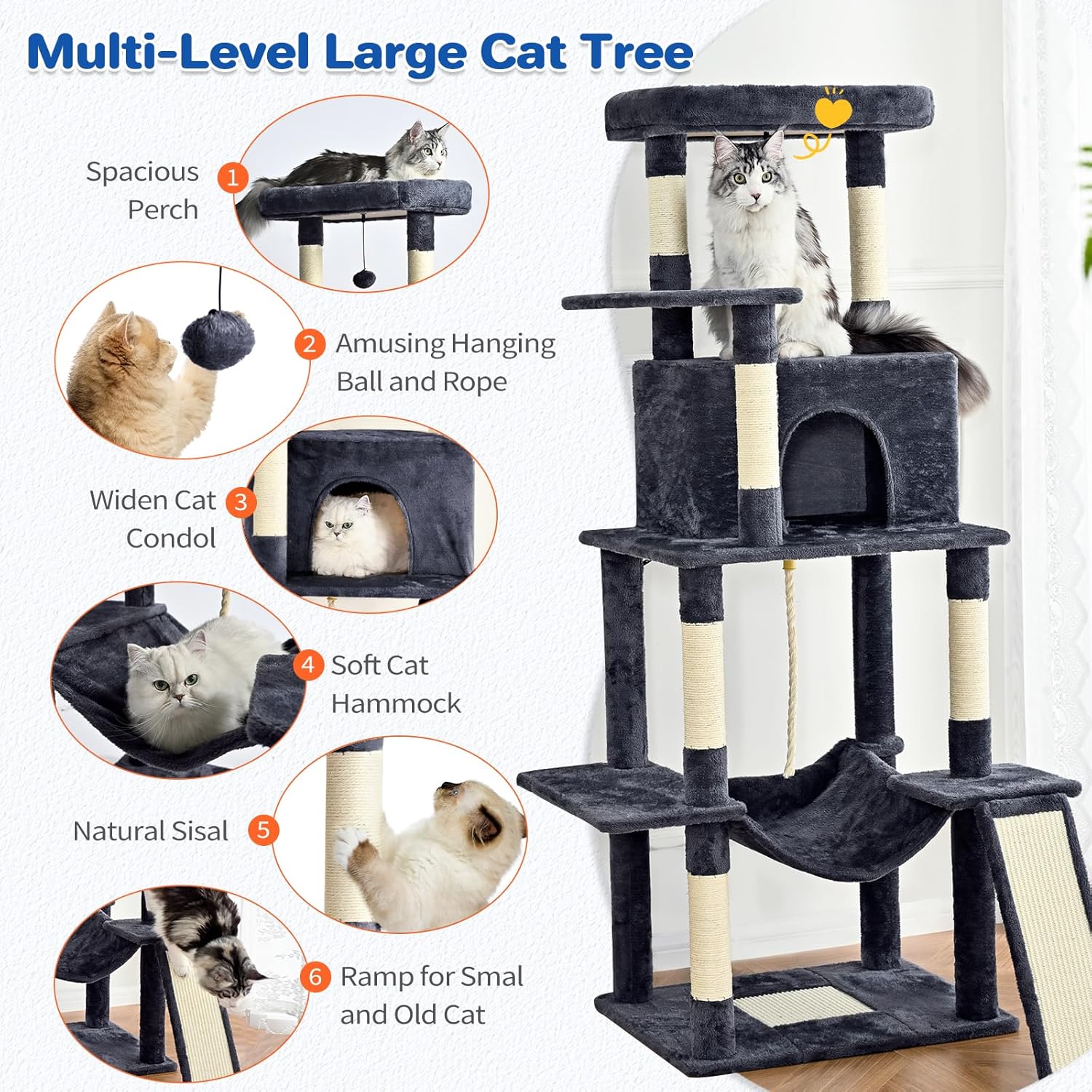 ABCPET Cat Tree Tower 63in Multi-Level Cat Tower for Indoor Cats with Sisal Scratching Posts, Condo, Hammock, Dangling Ball and Extended Platform for Cats to Play, Dark Grey - Image 2