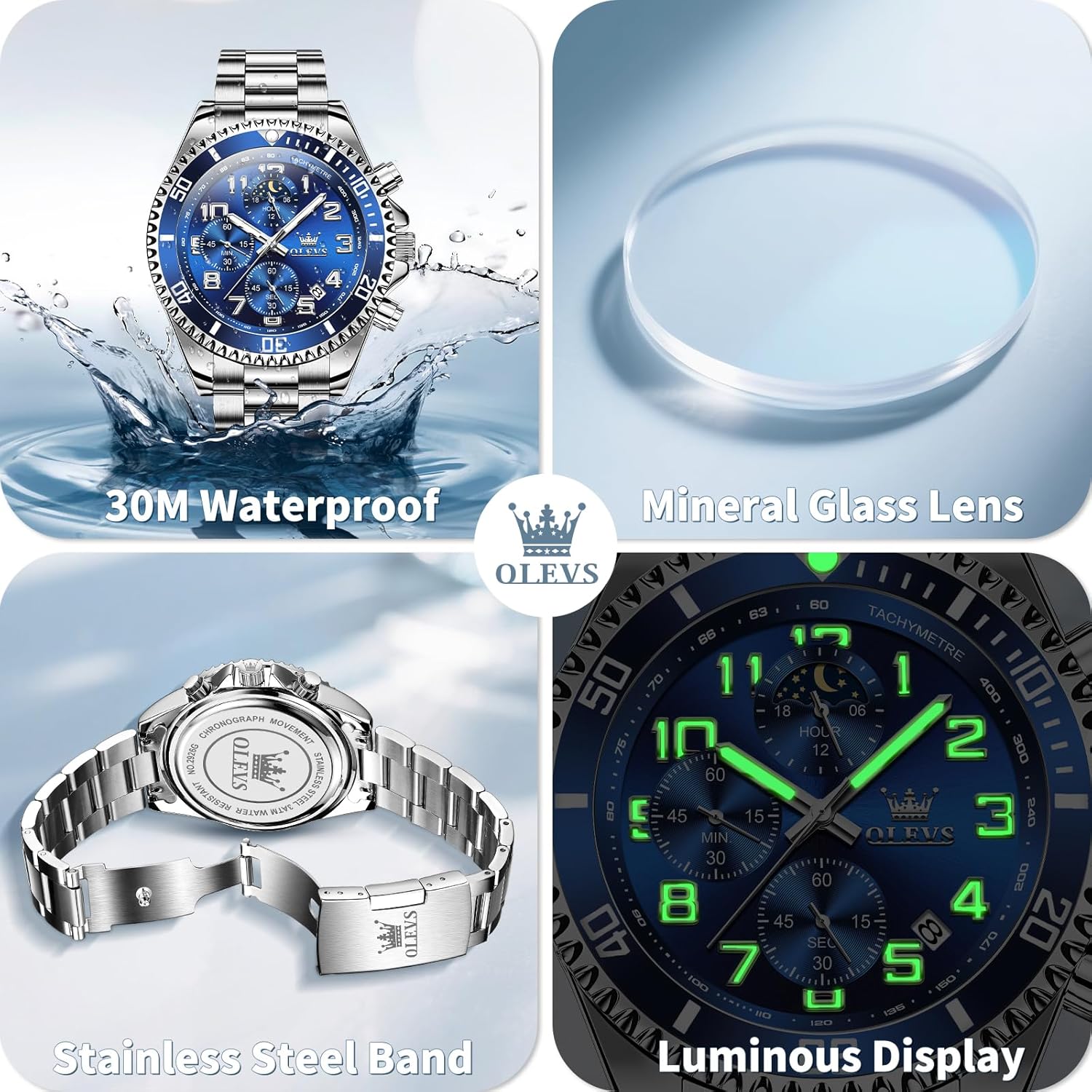 OLEVS Watches for Men Stainless Steel Dress Men Watch with Date Big Face Chronograph Waterproof Luxury Fashion Watch Blue/Black/Gold/Green/Silver Face Relojes para Hombres - Image 5