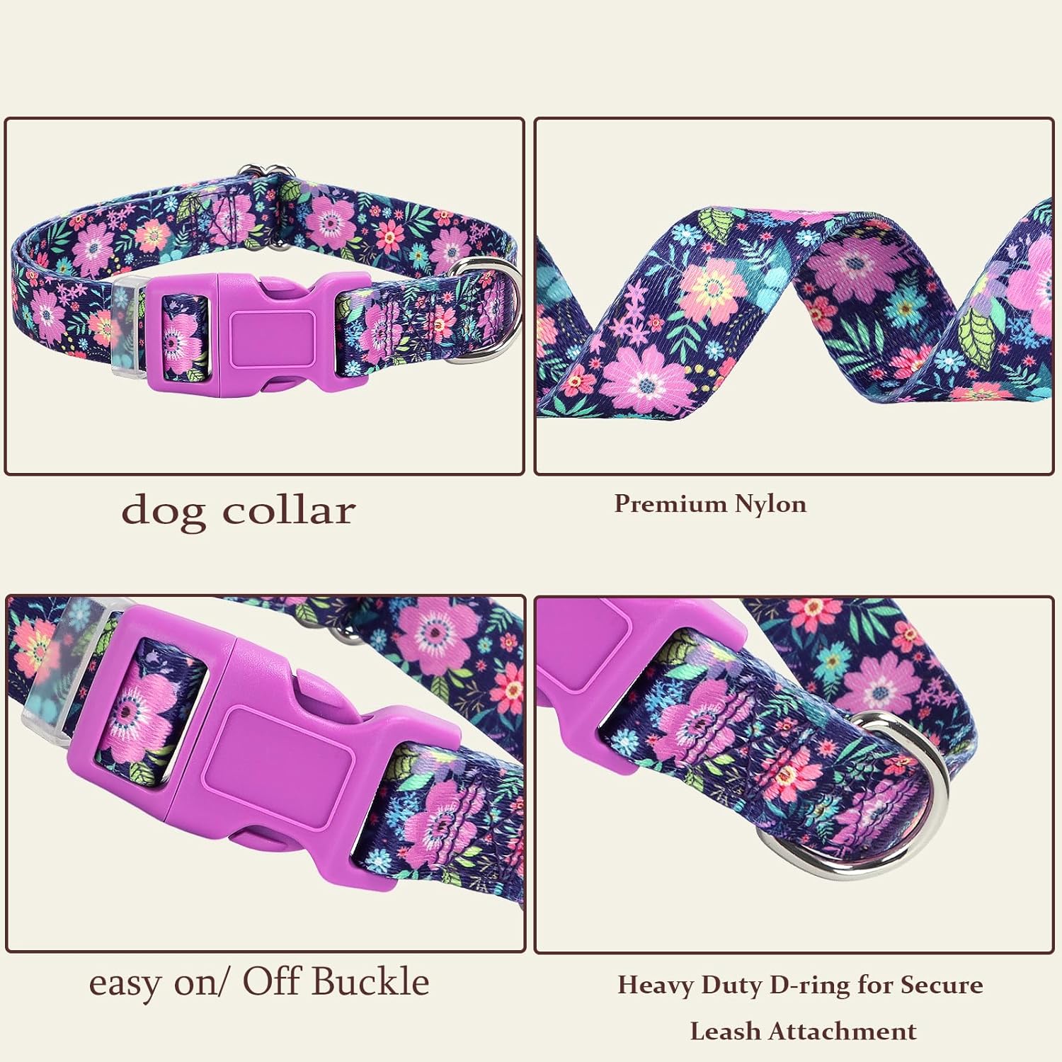 Bohemian Floral Dog Collar - Stylish Floral Pattern, Soft Nylon Adjustable Collar for Small Dogs, Quick-Release Buckle, Durable Pet Collar for Boy and Girl Puppies (Small) - Image 3