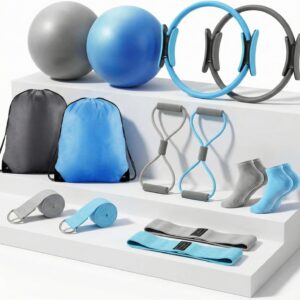 Poen Pilates Equipment Kit for Home Workout Pilates Ring and Ball Set for Women 12” Circle Yoga Fitness Essentials Kit with Resistance Bands, Yoga Strap, Socks,Bag
