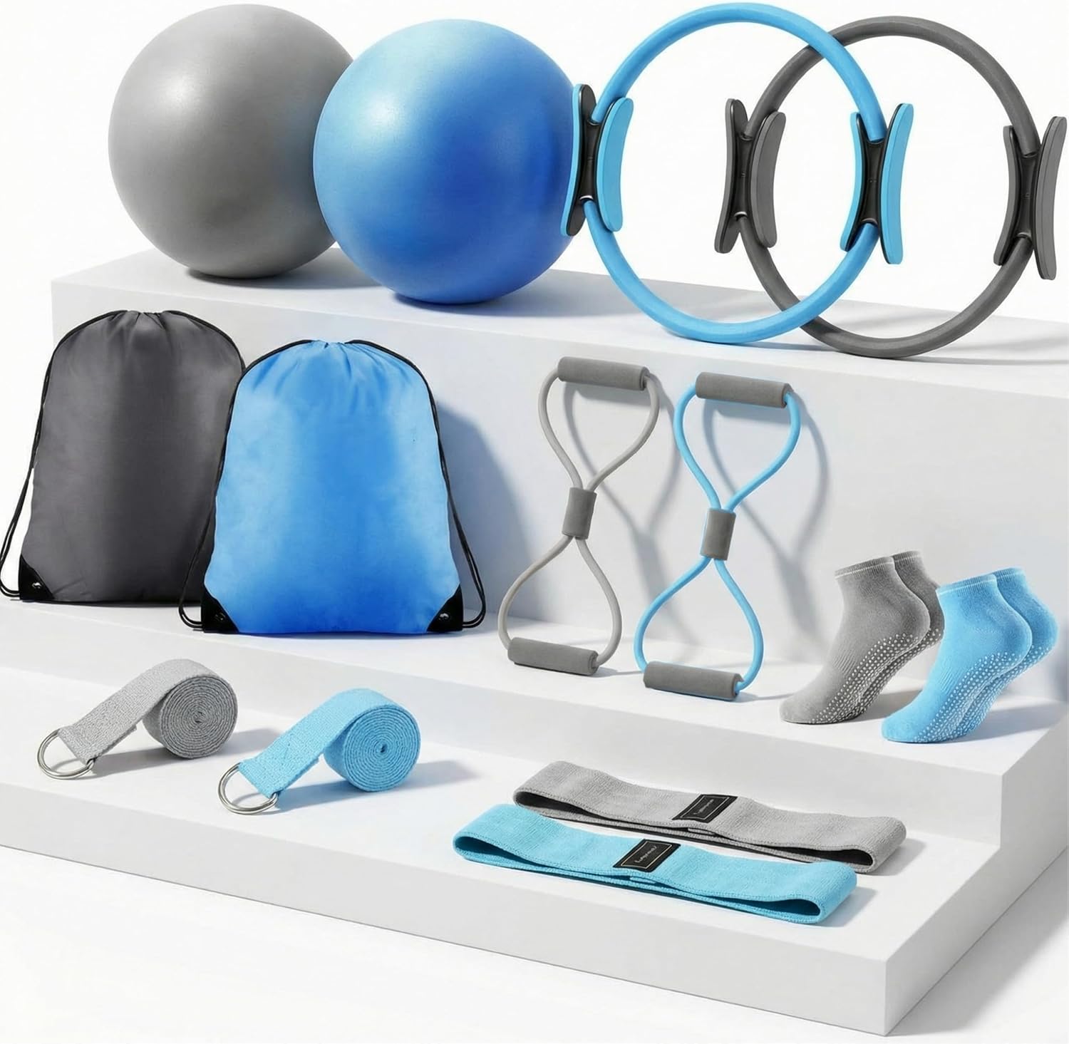 Poen Pilates Equipment Kit for Home Workout Pilates Ring and Ball Set for Women 12'' Circle Yoga Fitness Essentials Kit with Resistance Bands, Yoga Strap, Socks,Bag