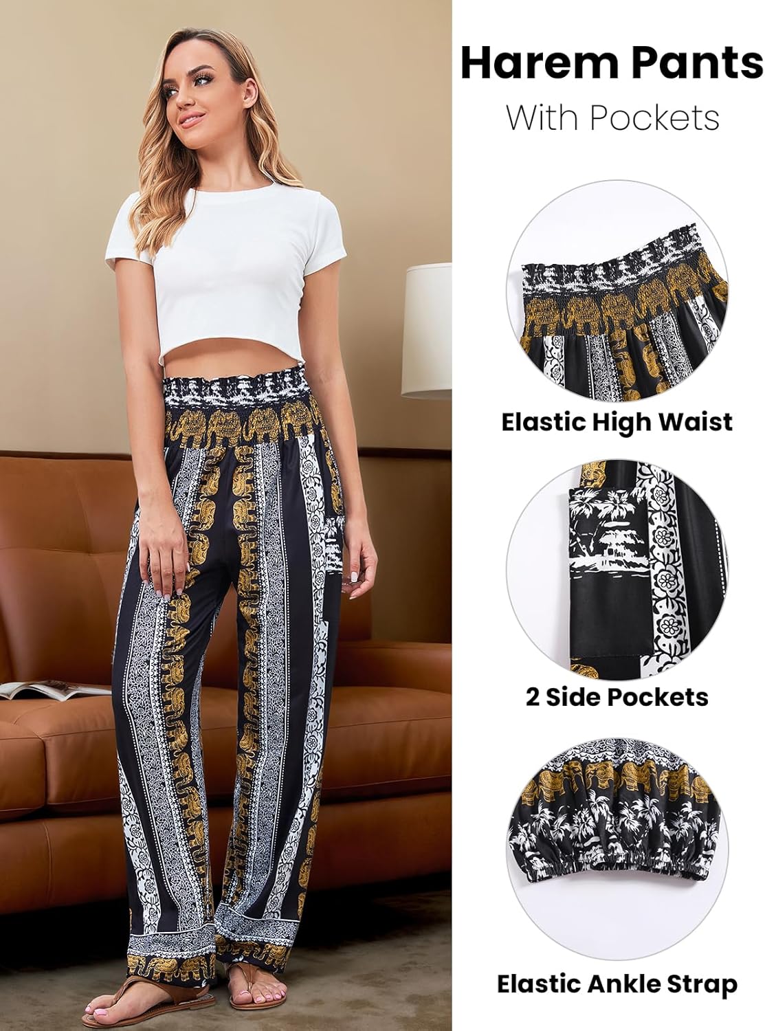 QIANXIZHAN Women's Harem Pants, High Waist Yoga Boho Trousers with Pockets - Image 4