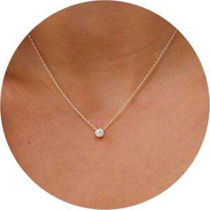 Galis Dainty Necklace – Silver, Gold Plated 18″ Choker for Women with Dainty Small Round Faux Diamond Necklace Pendant, Necklaces Women with CZ Solitaire Lobster Clasp, Minimalist Gift