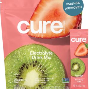 Cure Hydration | Plant-Based Electrolyte Drink Mix | No Added Sugar | FSA-HSA | Dehydration Relief Powder Made with Coconut Water | Non-GMO | Vegan | Pouch of 14 Packets – Strawberry Kiwi