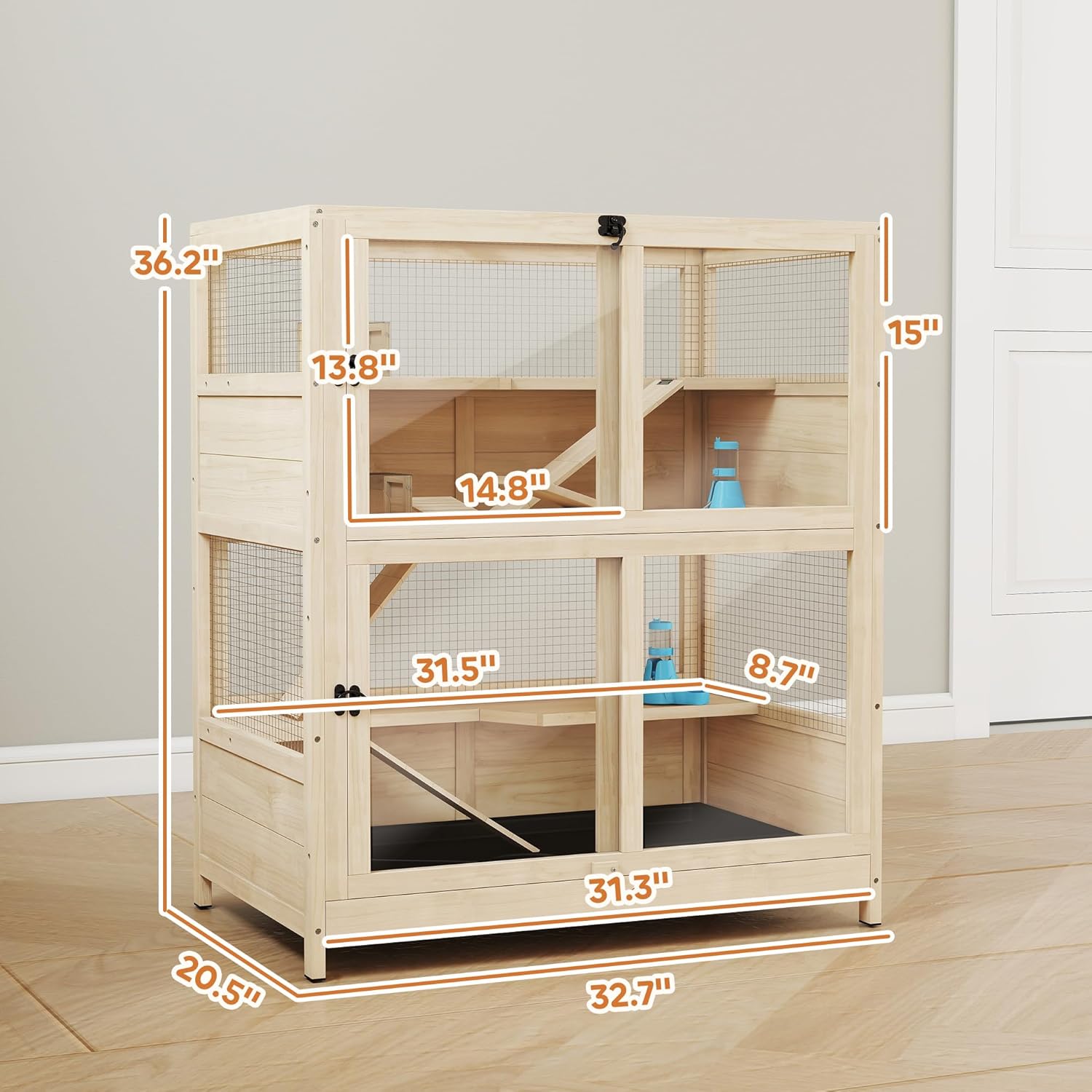 PawHut Wooden Hamster Cage, 4 Tier Small Animal Cage with Mesh Flip Roof, Pull-Out Tray, Huts, Seesaws, Ramps and Water Bottles, Hamster Habitat for Dwarf Syrian Mice Gerbil, 33" x 21" x 36" - Image 7
