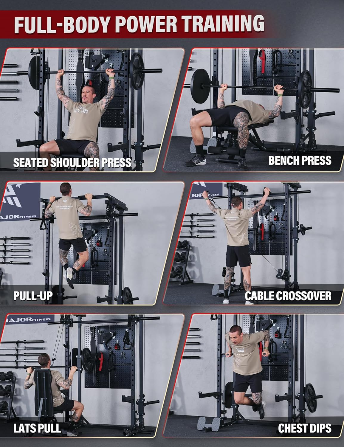 MAJOR FITNESS Drone3 Smith Machine, 2500lbs All-in-One Home Gym Power Rack with Dual Pulley System for Cable Crossover, Pull-Up Bars - Image 8