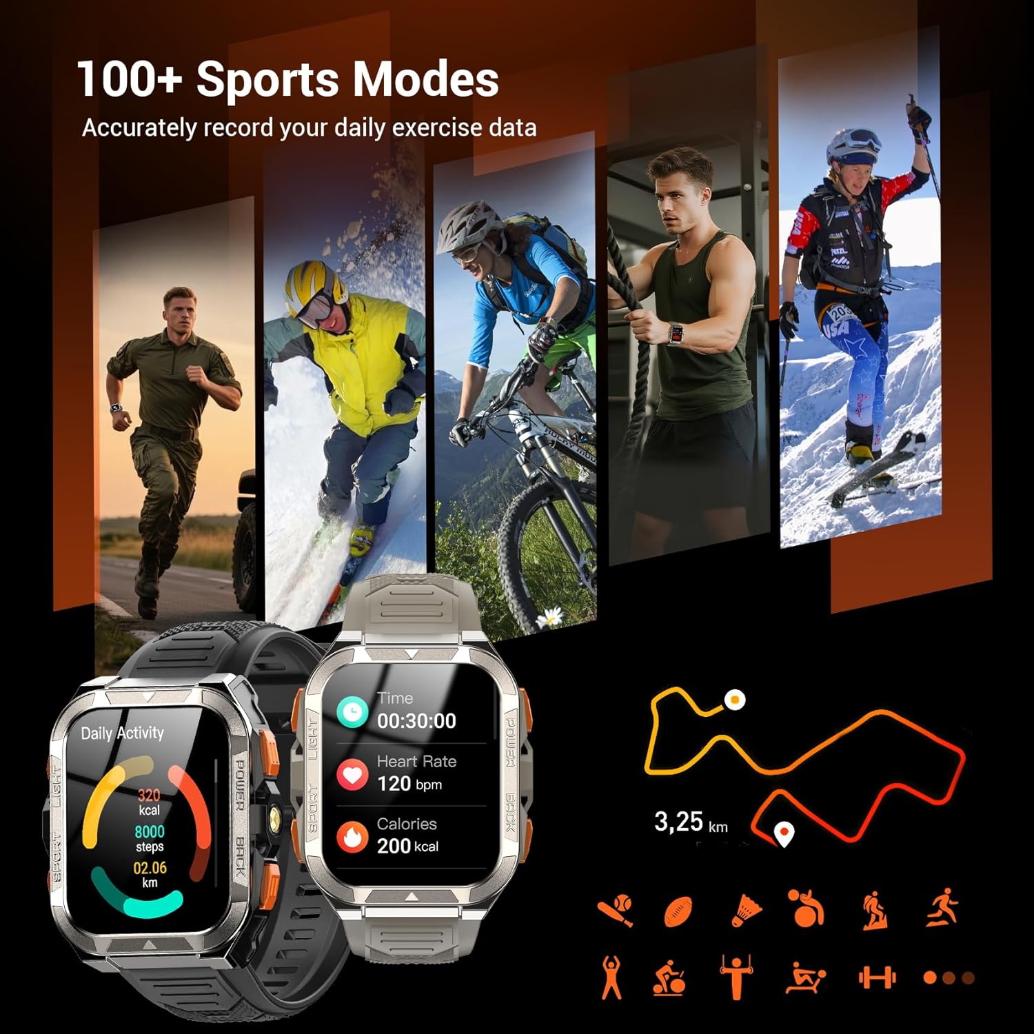 Military Smart Watches for Men (Answer/Make Calls),1.91"Fitness Smart Watch for Android and iPhone, GPS Fitness Trackers Watch with Flashlight/Heart Rate/Sleep/100+ Sport Modes/AI, Mens New Year Gift - Image 6