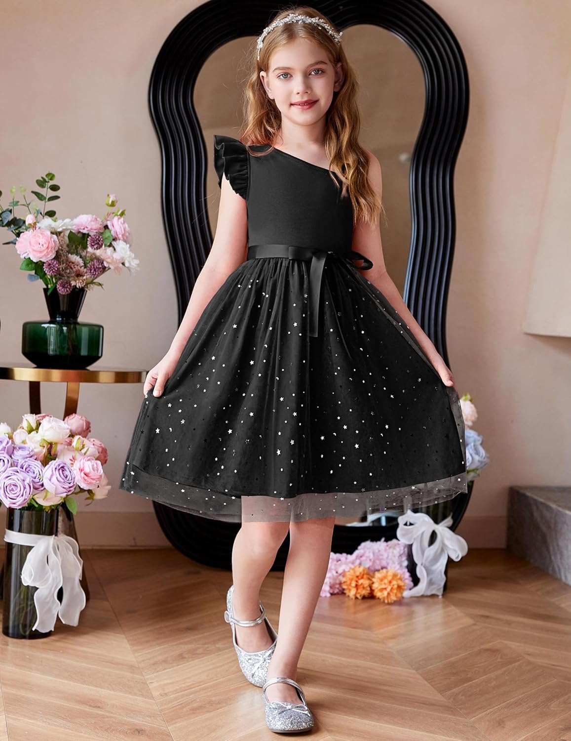 Arshiner Girls Dresses Summer One Shoulder Ruffle Sleeveless Formal Fancy Party Birthday Tulle Dress with Belted - Image 3