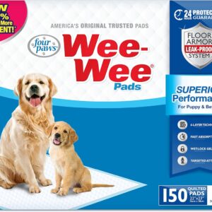 Four Paws Wee-Wee Superior Performance Unscented Pee Pads for Dogs & Puppies, Quilted Leak-Proof Dog Housebreaking Potty Training Floor Protection, 22″ x 23″, 10 Count