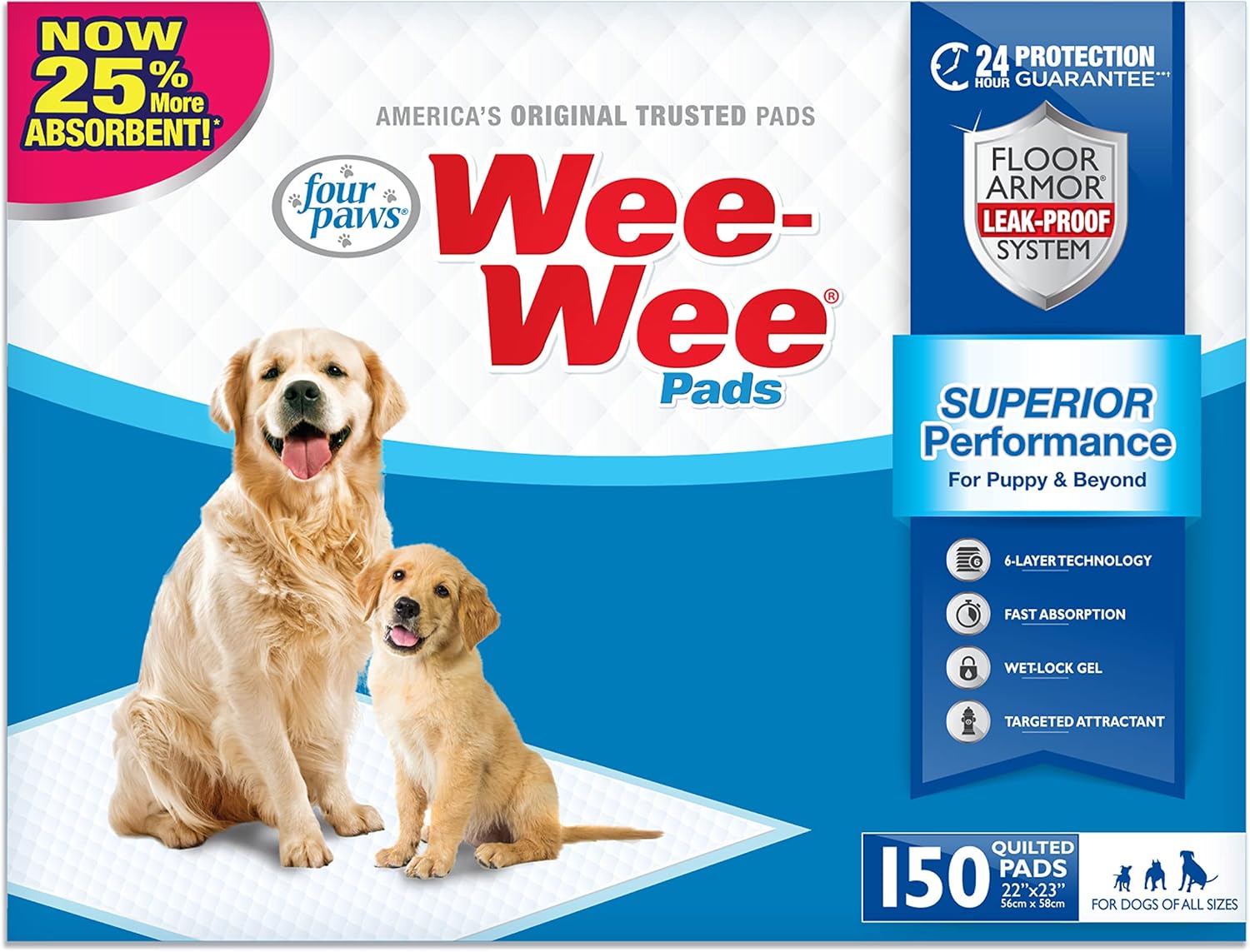Four Paws Wee-Wee Superior Performance Unscented Pee Pads for Dogs & Puppies, Quilted Leak-Proof Dog Housebreaking Potty Training Floor Protection, 22" x 23", 10 Count