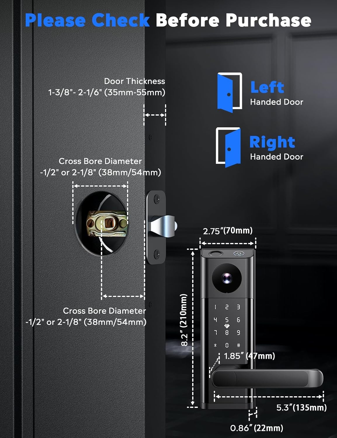 Smart Lock with Camera & Doorbell, 3-in-1 Keyless Entry Door Lock with Handle, Built-in WiFi Camera Smart Lock for Front Door, Fingerprint, Keypad Code, App Control, Auto Lock - Image 5