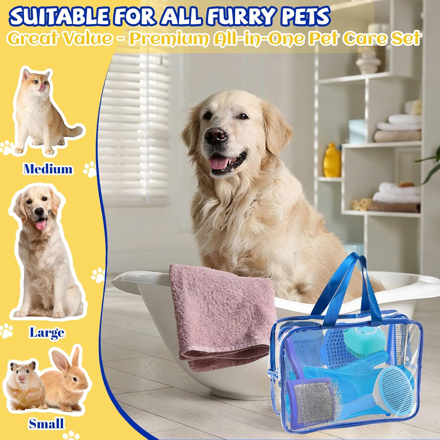 8PCS Dog Slicker Brush for Dogs Grooming Kit,Bath Grooming Kit for Pets,Hair Brush Set with Towel,Washing Gloves,Slicker Comb,and Shampoo Scrubber Brush for Small and Large Dogs and Cats(Blue) - Image 4