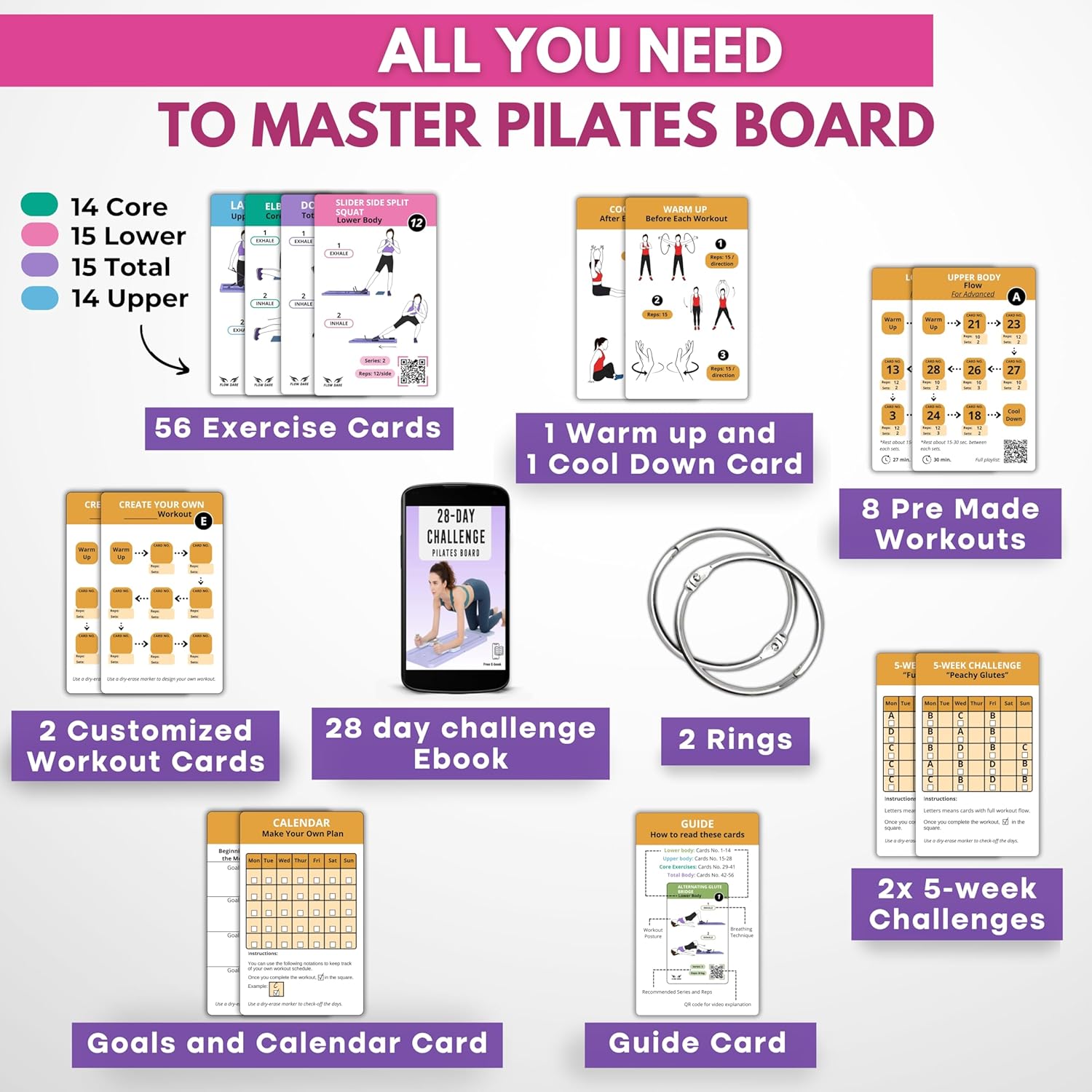 Pilates Board Workout Cards – 67 Exercise Cards with Videos & Workout Plan - Includes 5-Week Challenge, Ebook, Progress Chart & 2 Rings for Easy Organization - Home Portable Reformer Guide for Women - Image 7