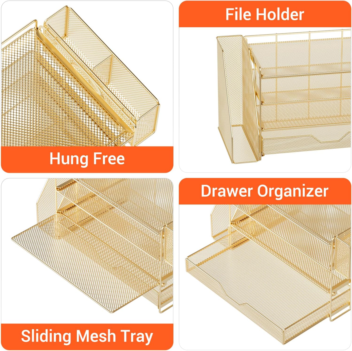 OPNICE Desk Organizers and Accessories, 4-Tier Office Desk Accessories & Workspace Organizers with Drawer and Pen Holder, Desktop Paper Tray File Organizer for Home Office Supplies, Gold - Image 5