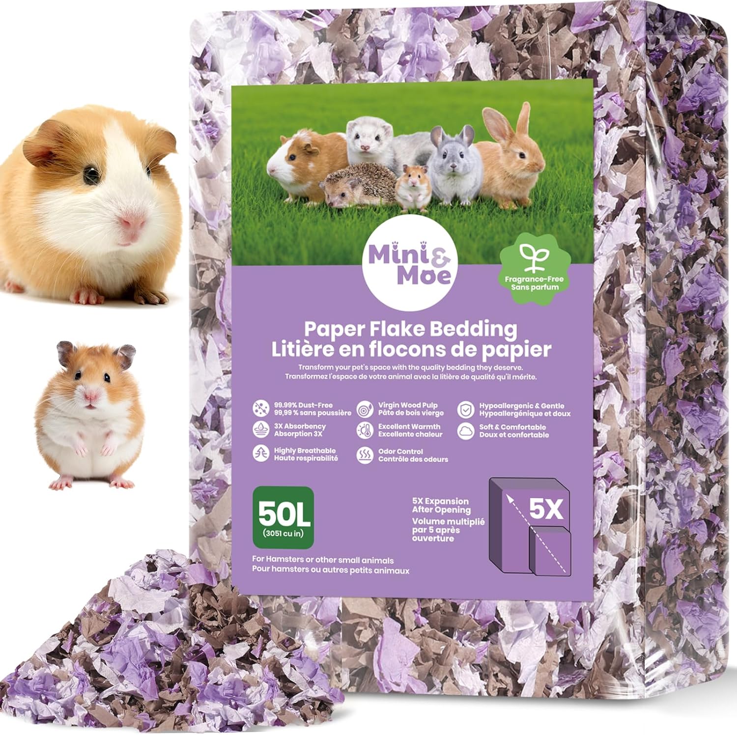 mini&moe Hamster Bedding 50L: Dust-Free and Odor Control Moisture Absorbent Natural Paper Small Pet Bedding - for Guinea Pigs, Hamsters, Chinchilla,Rabbits,Rat,Ferret, and Gerbil, 50 Liters