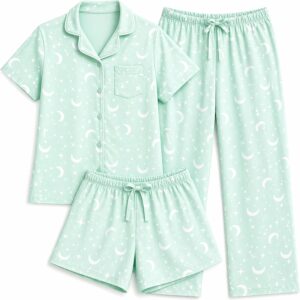 US Angels Girls Pajama Set 3 Piece, Short Sleeve Button Down PJs with Shorts & Pants, Soft Sleepwear Girls & Tweens Size 5-16