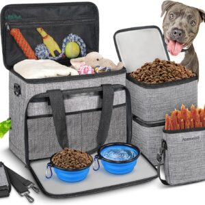 6 Set Dog Travel Bag, Large Pet Travel Kit for Supplies Includes 2 Food Containers, 1 Pet Organizer for Dogs, 2 Collapsible Bowls, 1 Treat Pouch, Dog Weekend Overnight Bag Luggage