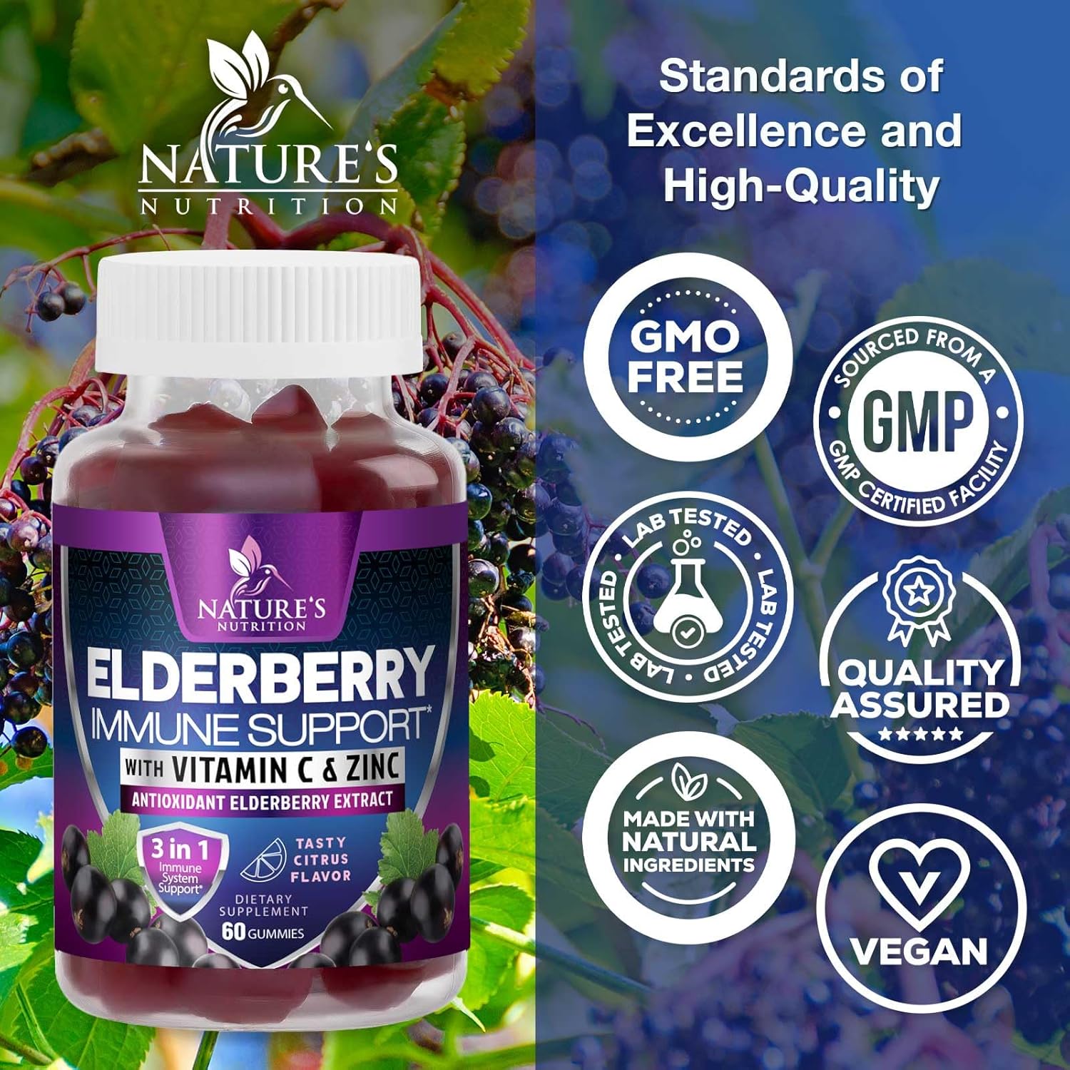 Elderberry Immune Support Gummies - 3X Strength Sambucus Elderberry Gummy with Vitamin C, D3 & Zinc - Nature’s Black Elderberry Extract - Immune Support Supplement for Adults & Kids - 60 Gummies - Image 4