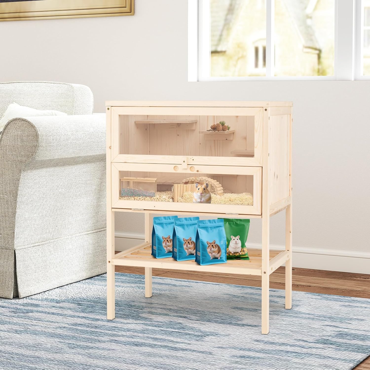 PETSITE 31.5 Inches Freestanding Wooden Hamster Cage, Chew-Proof 2-Layer Hamster House with Full Transparent Viewing, Flip-Top Roof, and Storage Shelf, Ideal for Dwarf Hamster and Gerbils - Image 3