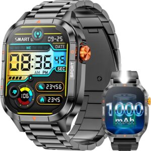 Military Smart Watches for Men, 2.01” Smart Watch with 1000mAh Battery/Flashlight,Answer/Make Calls Smart Watch for Android and iPhone with SpO2/Heart Rate/Sleep/100+ Sport Modes, Fitness Tracker